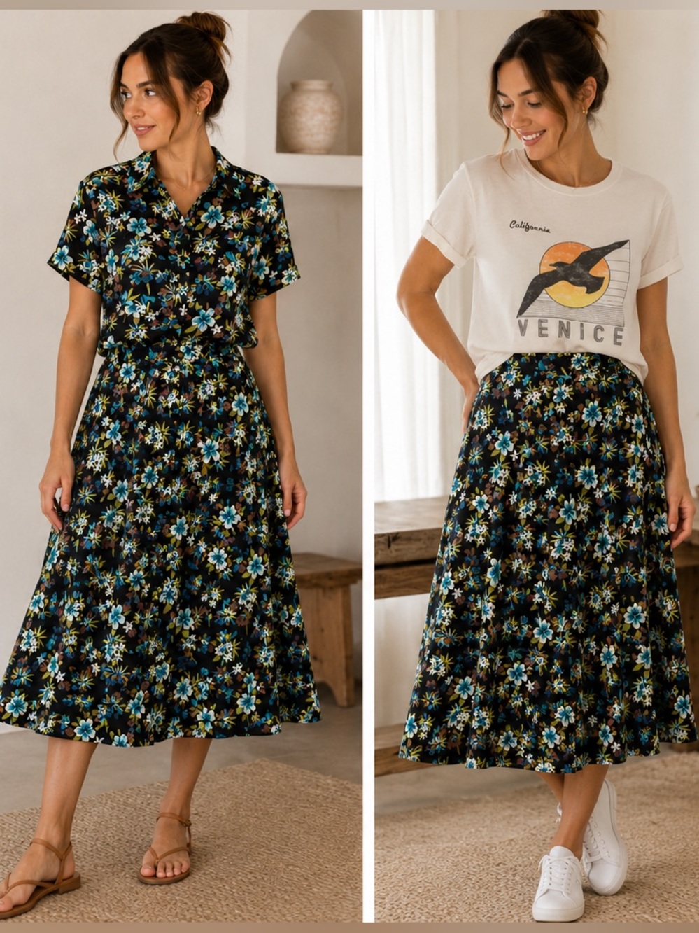 Vintage Floral Print Button-Front Midi Skirt and Matching Shirt Set | Sz SP